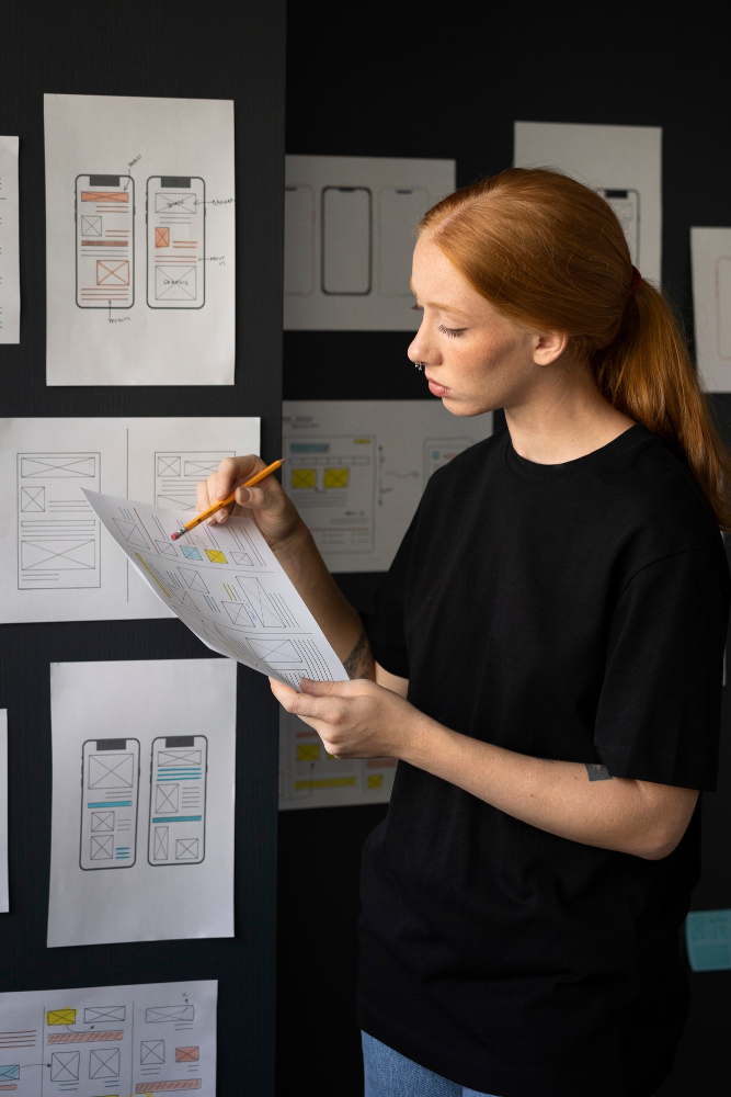 female web designer taking notes office